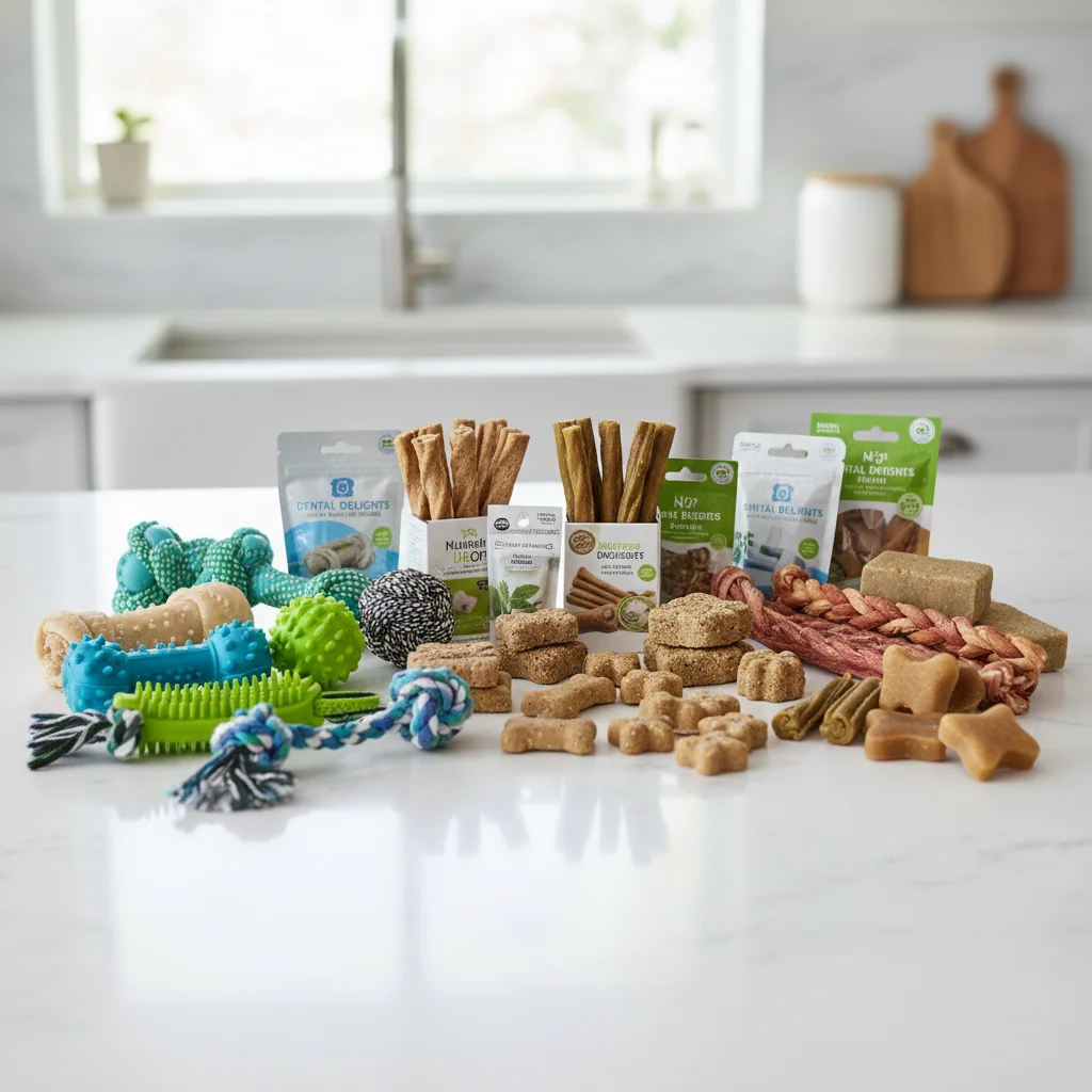 Assortment of dog dental chew toys and treats for oral health