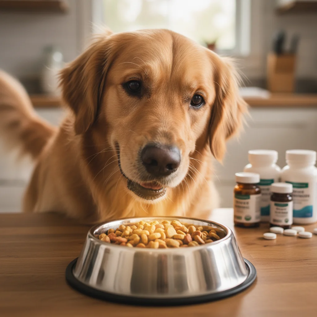 Dog eating vitamin-rich food, illustrating proper pet nutrition