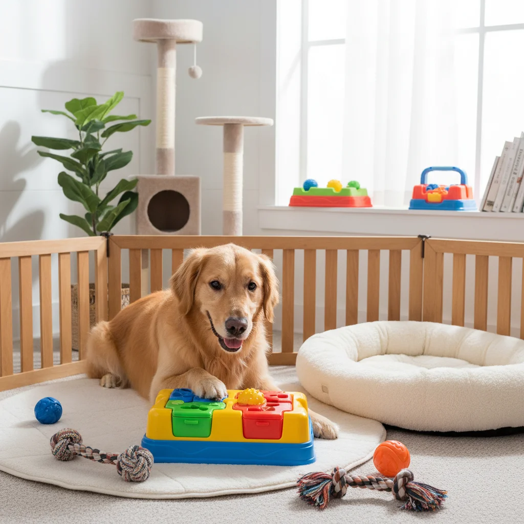 Happy dog playing with a puzzle toy in an enriched environment, preventing boredom barking.