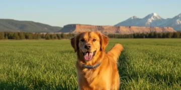 Happy dog wearing an advanced flea and tick collar in a sunny field.