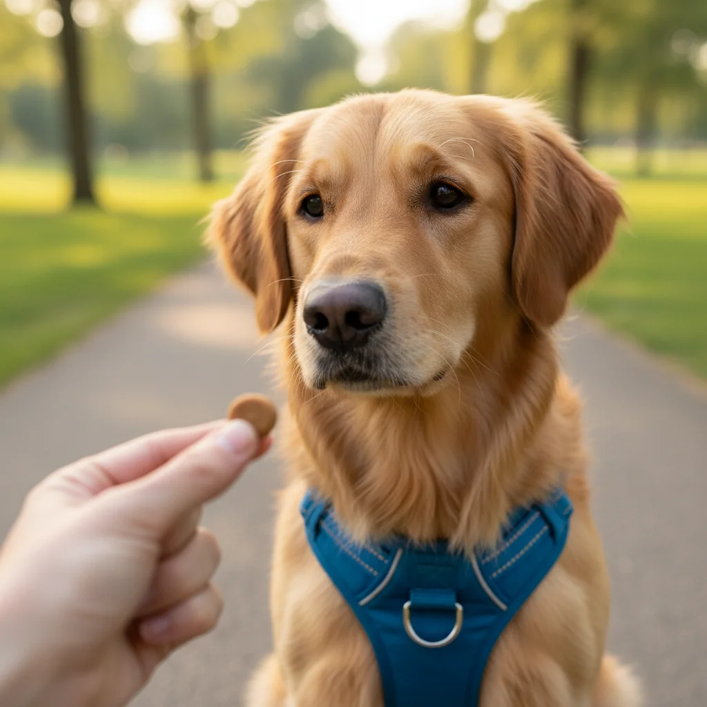Dog wearing a front-clip harness for training