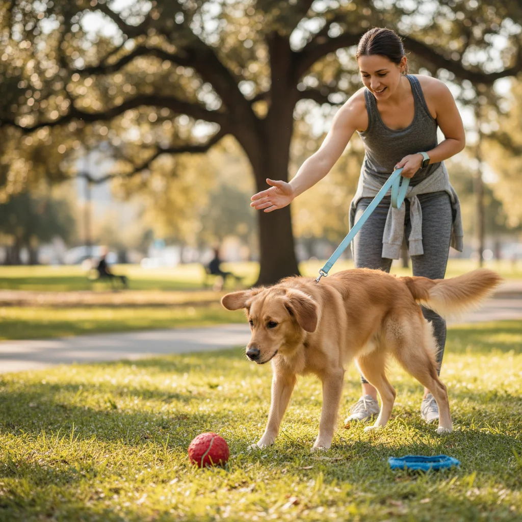 Dog owner practicing 'leave it' command with dog in park