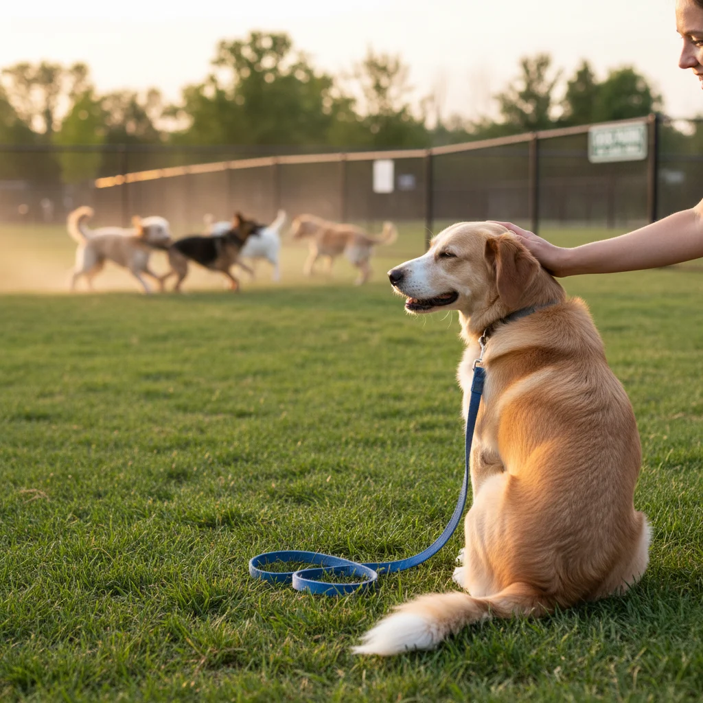 Adult dog calmly observing other dogs playing