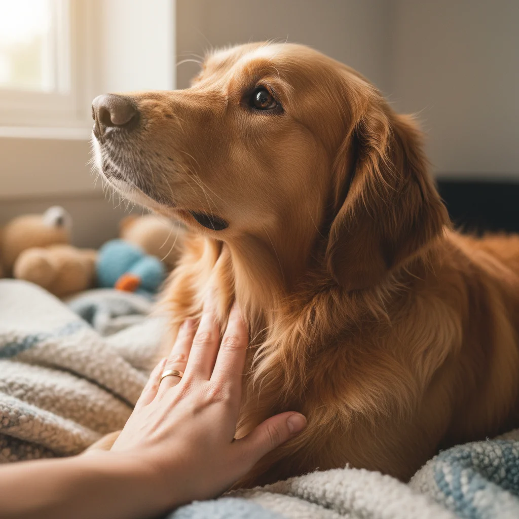 Owner performing a physical palpation on dog's fur