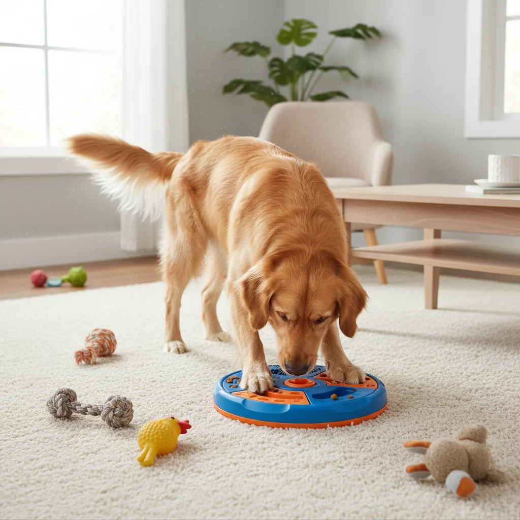 Happy dog playing with puzzle toy, engaged and distracted.