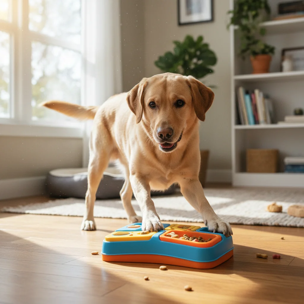 Labrador retriever enjoying a puzzle feeder for mental stimulation.