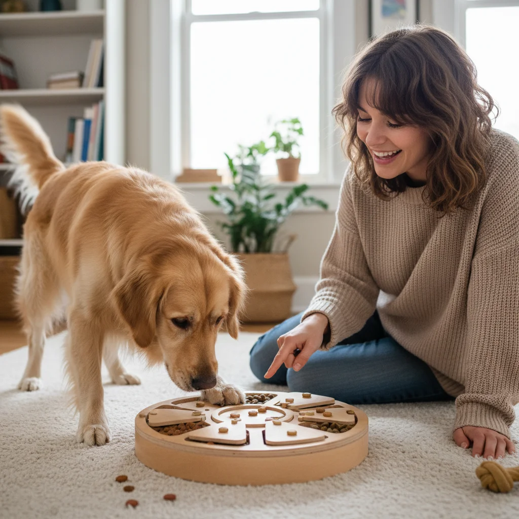 Dog playing with an interactive puzzle feeder toy