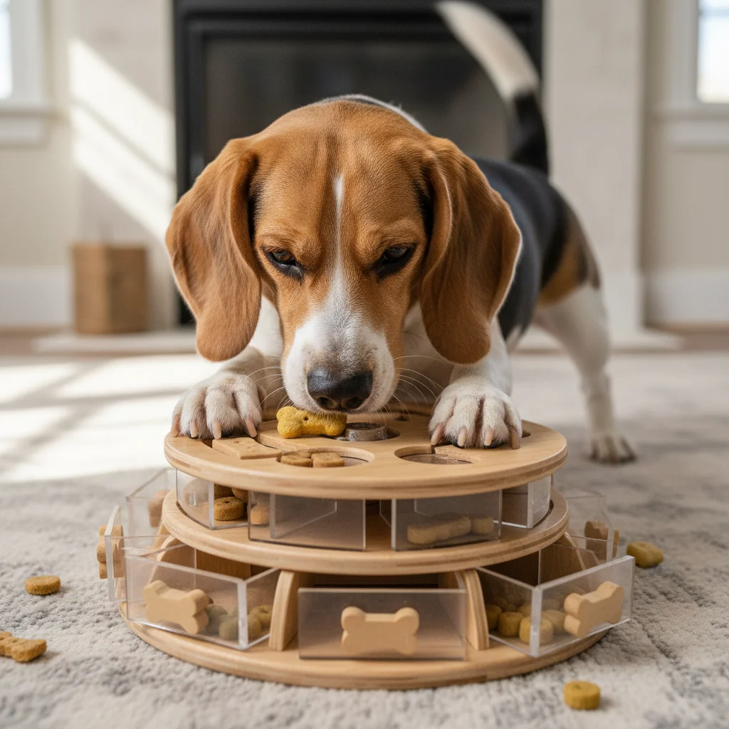 Small dog solving a complex interactive puzzle feeder toy for treats