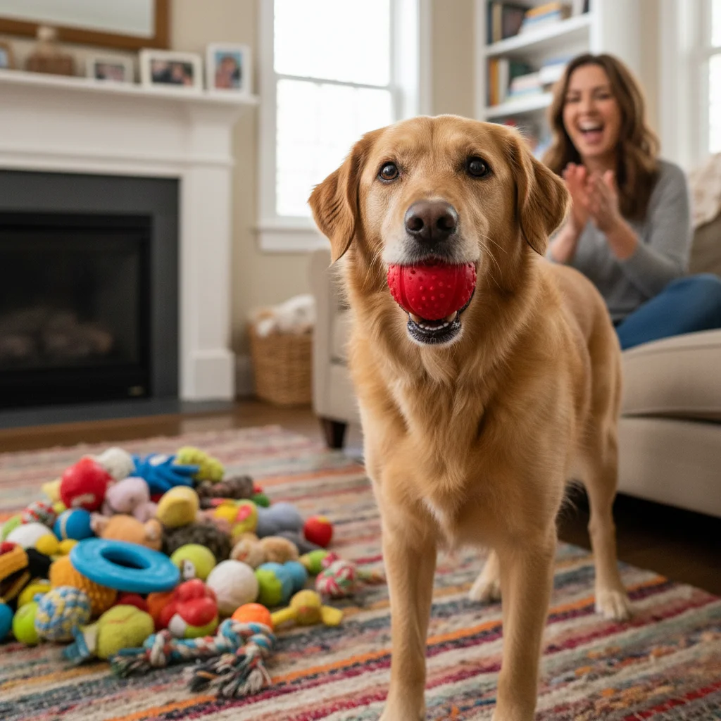 Mixed breed dog performing 'seek and retrieve' command with toy