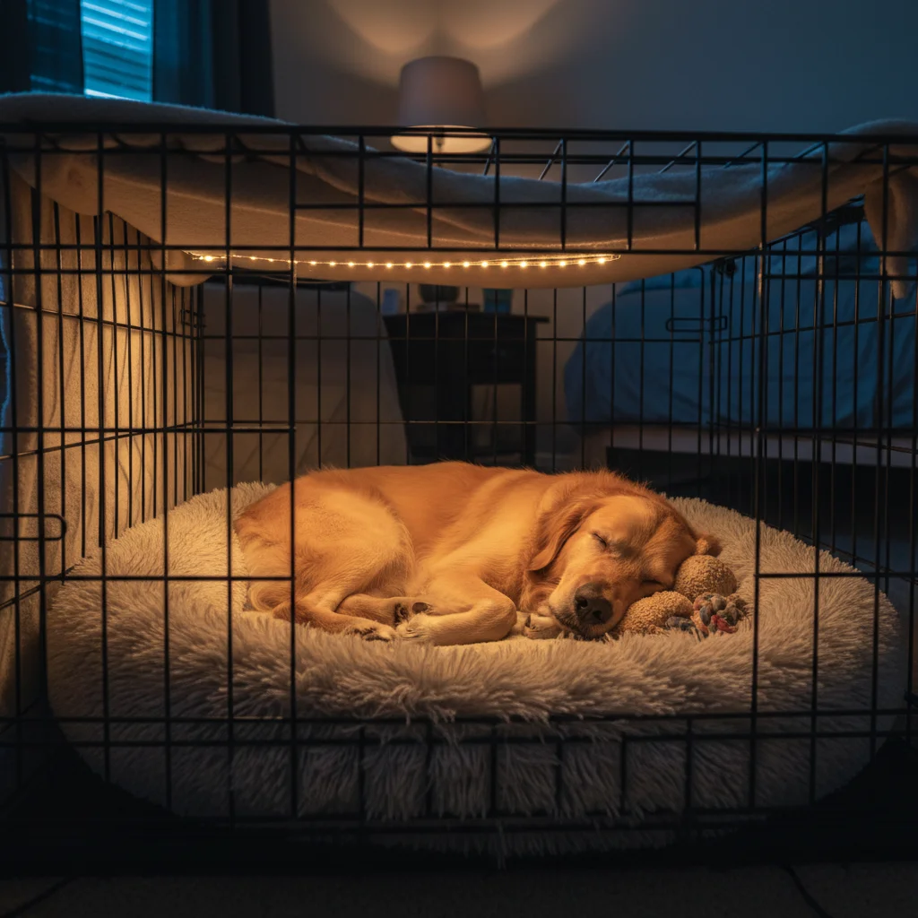 Content dog sleeping soundly in crate at night with cozy bed