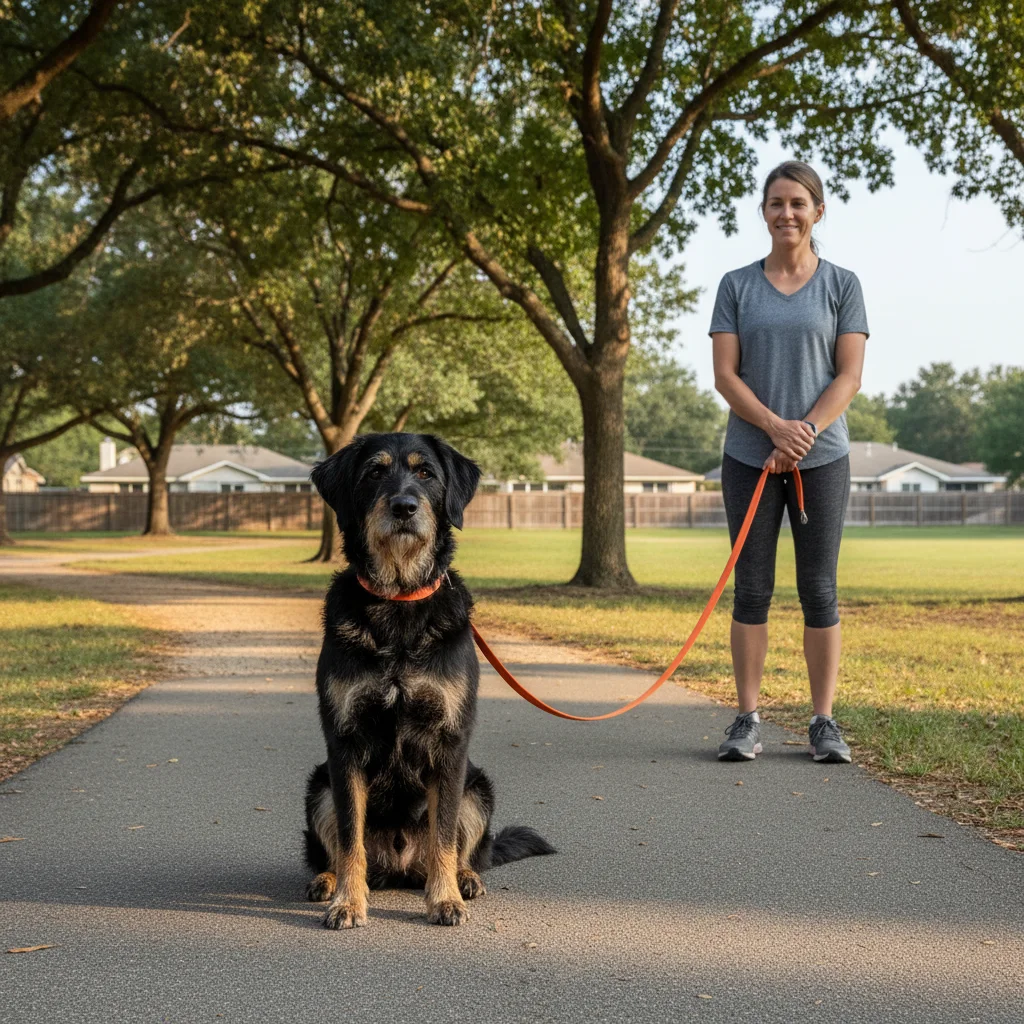Mixed breed dog in a calm 'stay' position during training