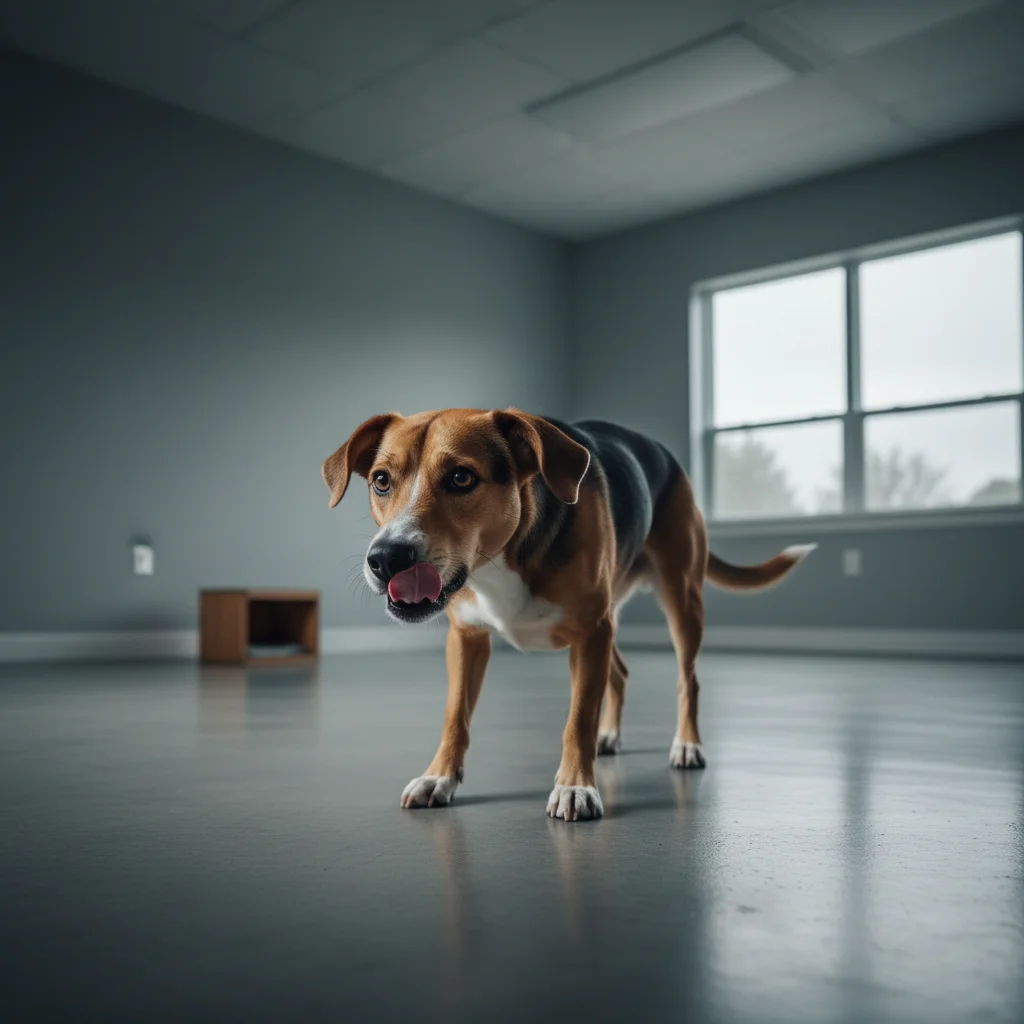 Dog showing stress signals like tucked tail and flattened ears