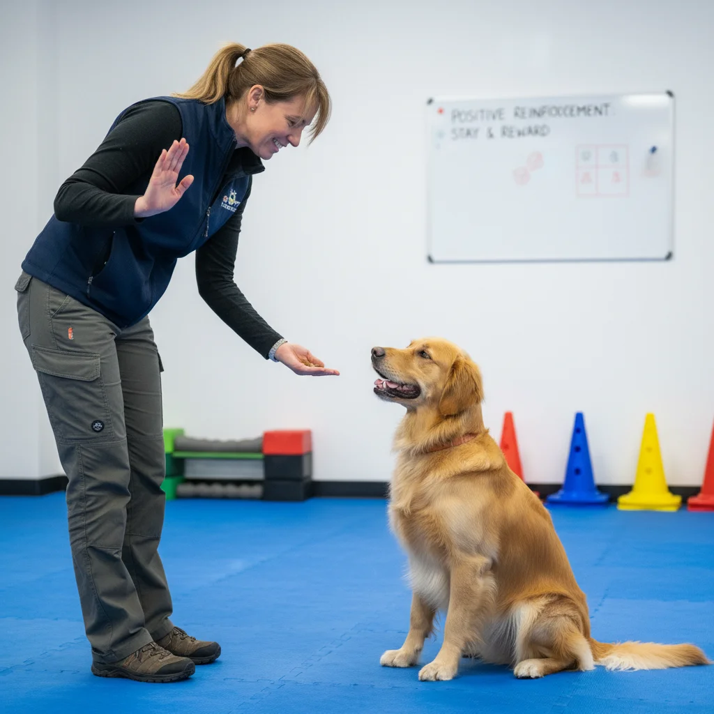 Dog trainer using positive reinforcement for calm behavior.