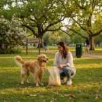 Responsible pet owner using biodegradable bag in a green park