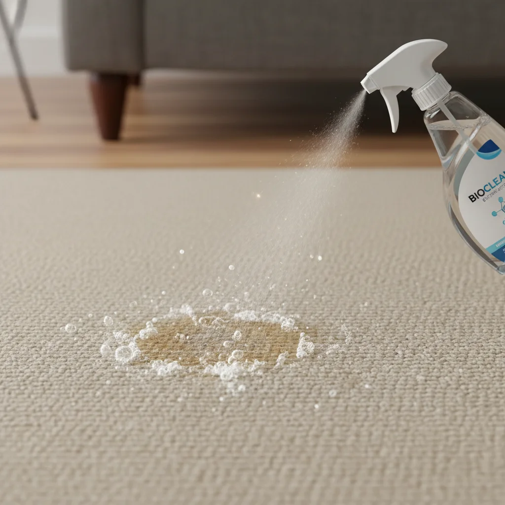 Enzymatic cleaner spray on carpet, targeting pet stains and odors.