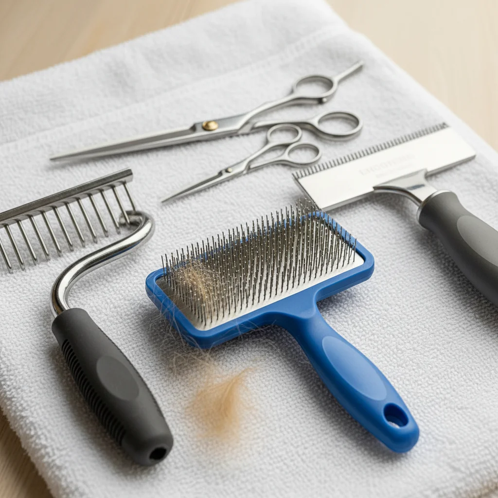 Essential grooming tools for long-haired dogs: slicker brush, undercoat rake, de-shedding tool.