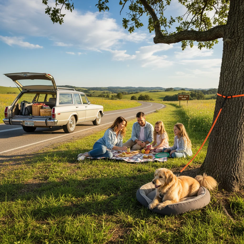 Family with small dog on a picnic break during road trip
