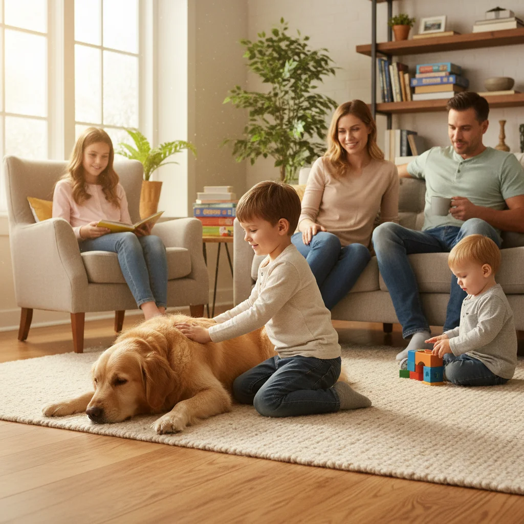 Family with dog demonstrating safe and supervised interactions.