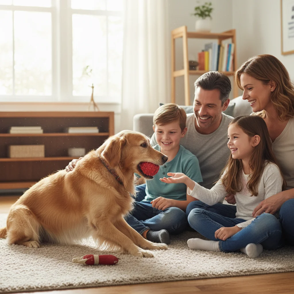 Happy family and dog sharing toy, successful resource guarding resolution