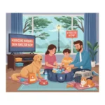 Family preparing pet emergency kit for hurricane season