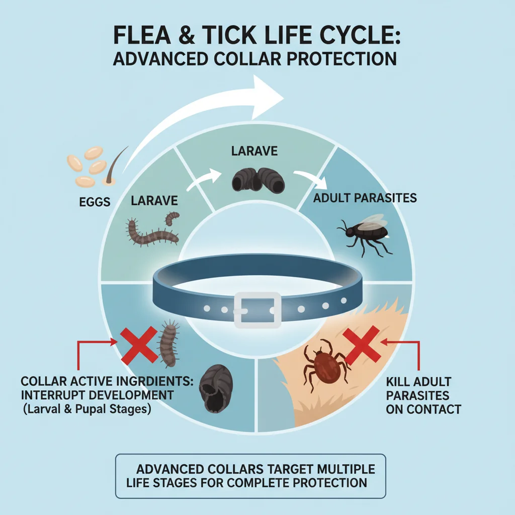Infographic illustrating flea and tick life cycle and collar effectiveness.
