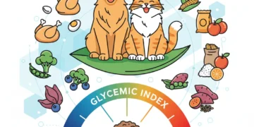 Illustration of pet food ingredients and a glycemic index scale for healthy pets