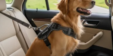 Safe Pet Travel: Essential Car Gear for 2026 Trips Golden retriever safely secured in car with pet harness