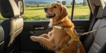 Top Crash-Tested Pet Car Harnesses 2026: Ultimate Guide for Safe Road Trips Golden retriever in crash-tested car harness on a road trip