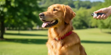 Golden retriever focused on owner with clicker, ready for training