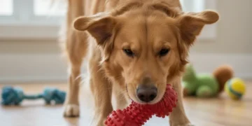 Golden retriever mix happily chewing on a durable red rubber dog toy, promoting dental health.