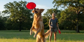 Golden retriever happily playing fetch with a red frisbee in a sunny park.
