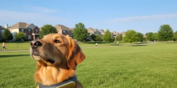 Golden retriever with advanced GPS pet tracker collar in a park