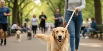 Adult Golden Retriever calmly walking in a park, well-socialized