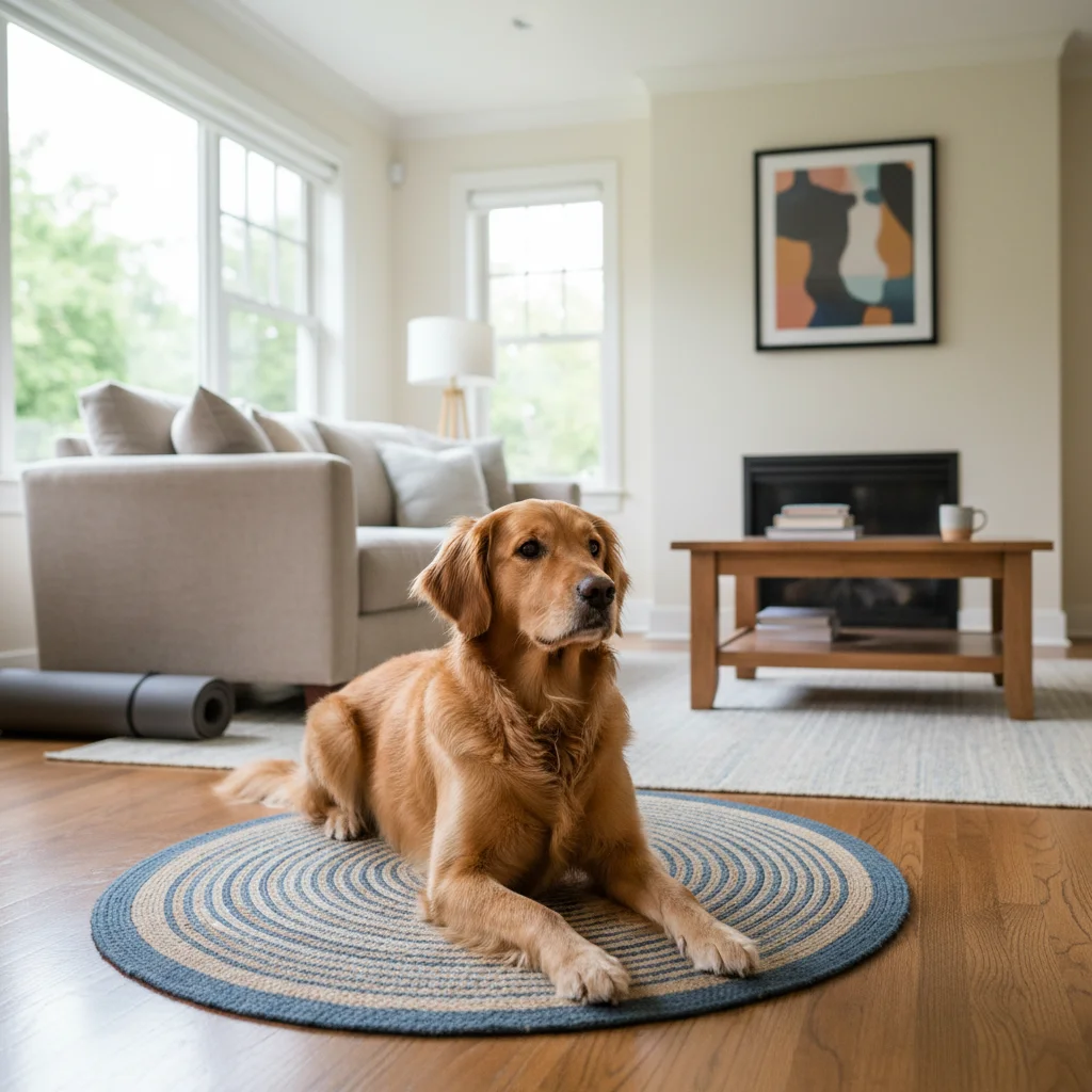 Golden Retriever calmly on 'place' mat during training