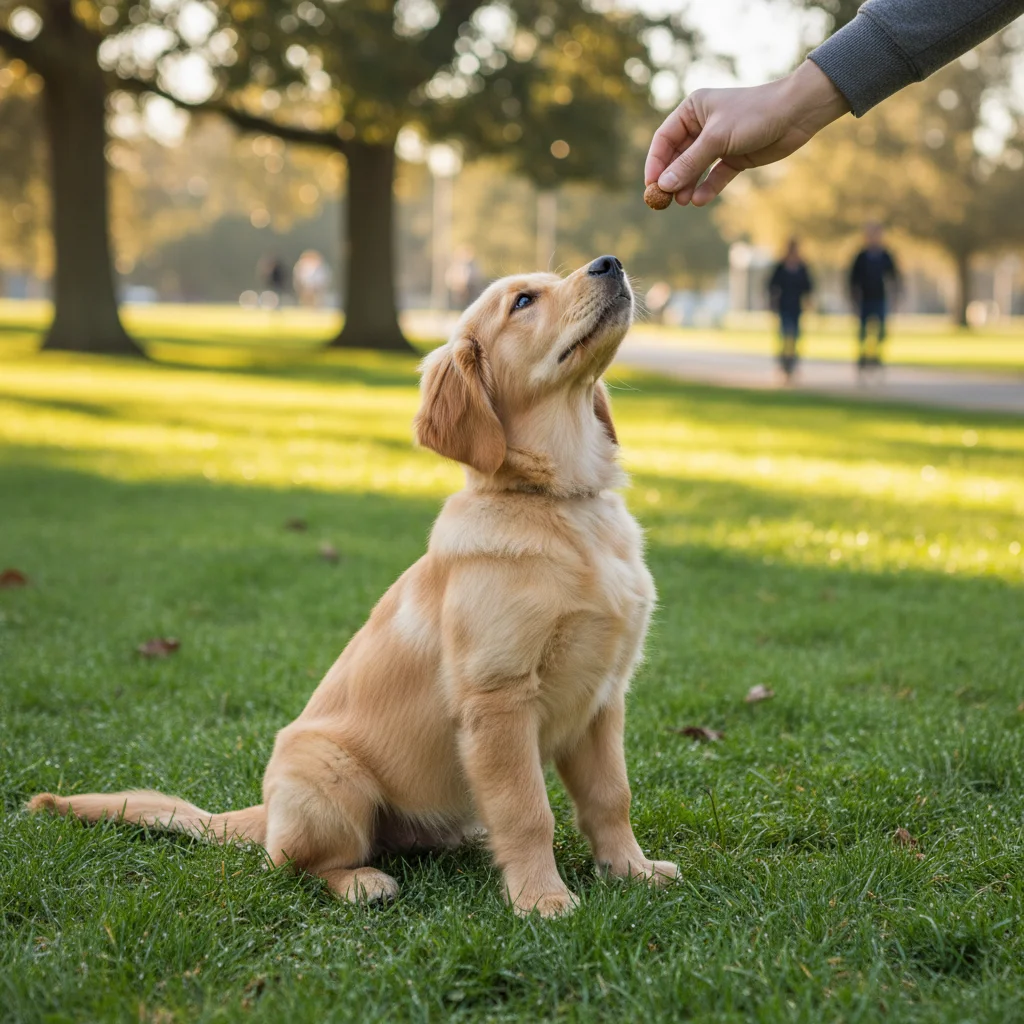 Golden retriever puppy sitting attentively with owner and treat
