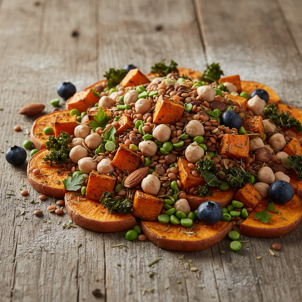 Close-up of grain-free pet food ingredients like lentils, peas, and sweet potatoes