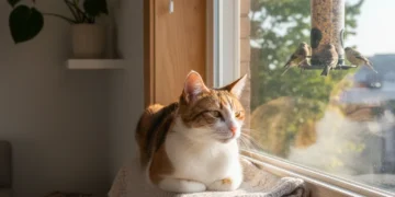 Happy cat on window perch in small apartment, observing birds outside