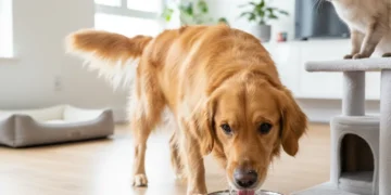 Happy dog drinking water from a bowl, promoting optimal pet hydration