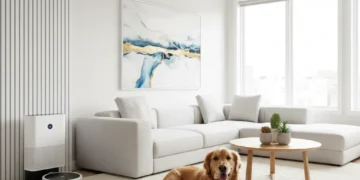 Happy golden retriever on a clean rug with smart cleaning devices in a modern living room.