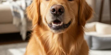 Happy golden retriever with clean teeth and dental care products