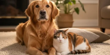 Decoding Pet Body Language: 3 Key Signals to Understand Your Pet's Daily Needs in Under 5 Minutes Happy golden retriever and calico cat demonstrate positive pet body language.