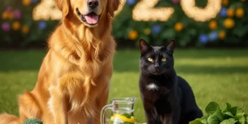 Optimal Pet Health: The 4 Essential Vitamins for 2026 Happy dog and cat with fresh produce, representing essential pet vitamins for 2026