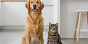 Happy golden retriever and cat with grain-free and grain-inclusive pet food bowls