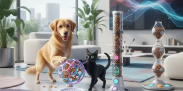 Happy dog and curious cat playing with innovative pet toys and puzzle feeders.