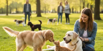 Daily Pet Socialization: 6 Expert Tips for Positive Interactions & Behavior Happy pets socializing in a park, showing positive interactions and good behavior.