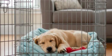 Crate Training Success: A 3-Day Method for Stress-Free Adaptation Happy puppy resting calmly in an open wire crate with a soft blanket