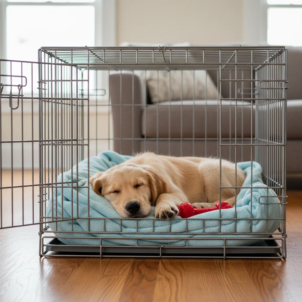 Happy puppy resting calmly in an open wire crate with a soft blanket