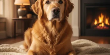 Senior Dog Diet: Boost Mobility & Vitality in 3 Months Happy senior Golden Retriever next to a healthy food bowl, looking vibrant.