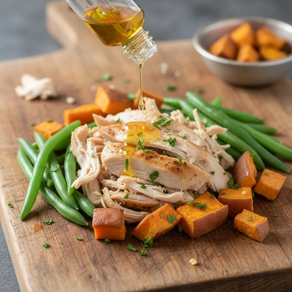 Assortment of fresh, wholesome ingredients for a senior dog's meal.