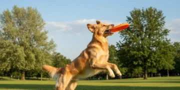Healthy golden retriever playing frisbee in park, ideal weight